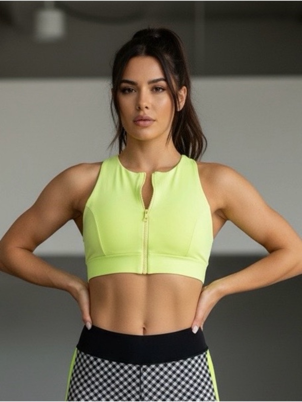 WeWoreWhat Neon Lime Zip-Front Crop Sports Bra